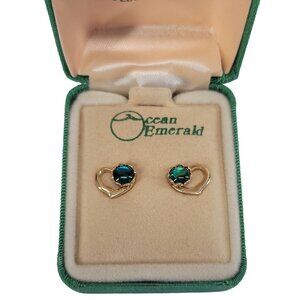 VTG Green Gold Heart Earrings By Ocean Emerald “The Look Of Emerald “ IOB